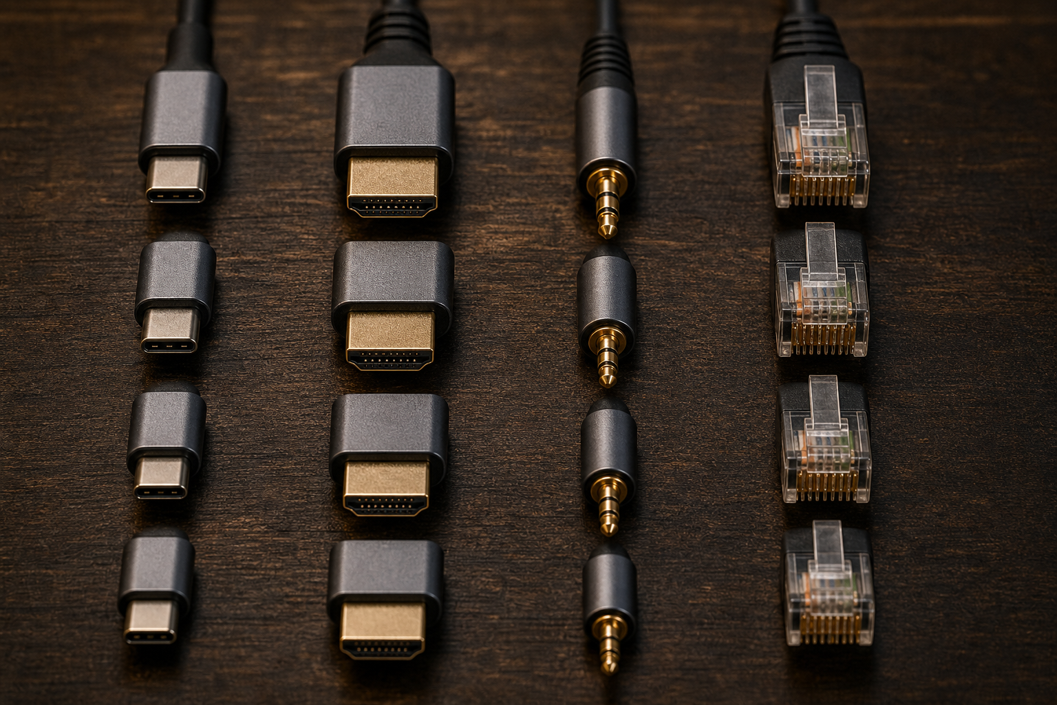 Vue rapprochée d'une matrice de connecteurs USB-C, HDMI et RJ45 sur un établi