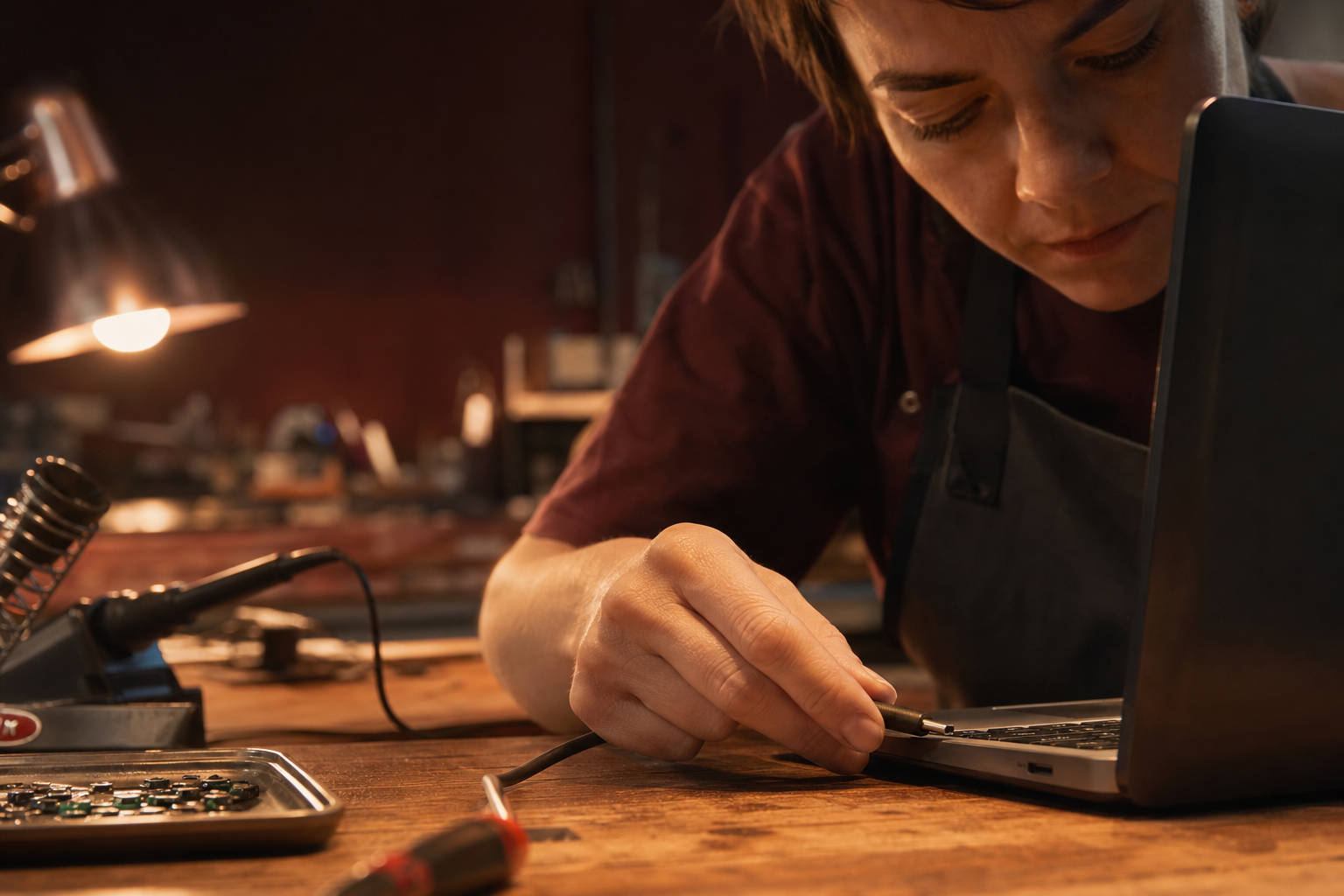 Nadia Simon branchant un connecteur USB-C réparé sur un ordinateur portable à l'atelier Connectique