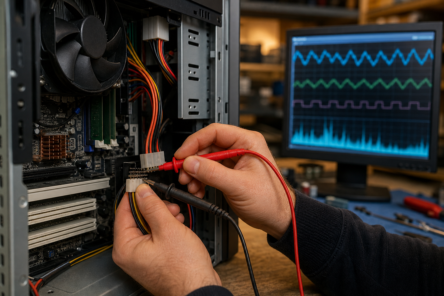 Diagnostic de connectique avec multimètre sur un boîtier PC ouvert
